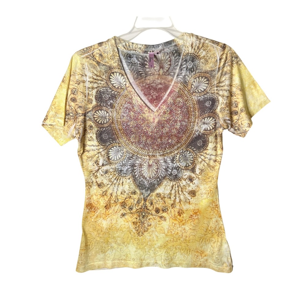 Kiara Y2K V-Neck Festival Top Womens S Yellow Mandala Rhinestone Boho T-Shirt